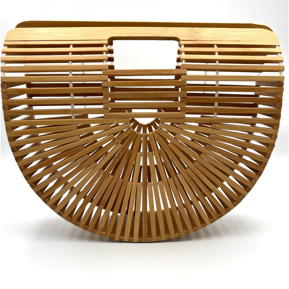 Vintage Bamboo Ark Bag Half Moon Slat Cage Purse Sunburst Boho 70s 80s